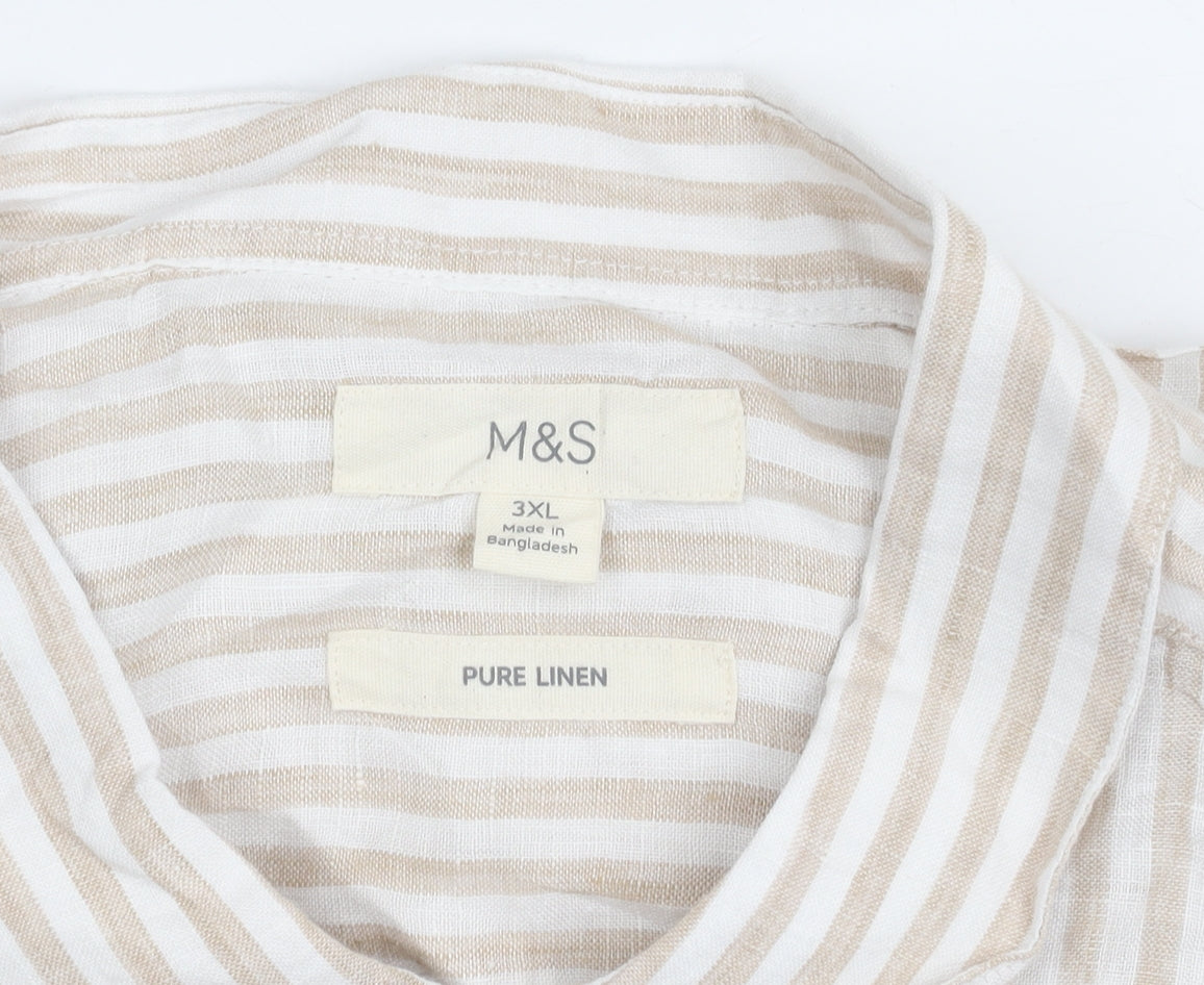 Marks and Spencer Men’s Beige Striped Linen 3XL Long Sleeve Shirt