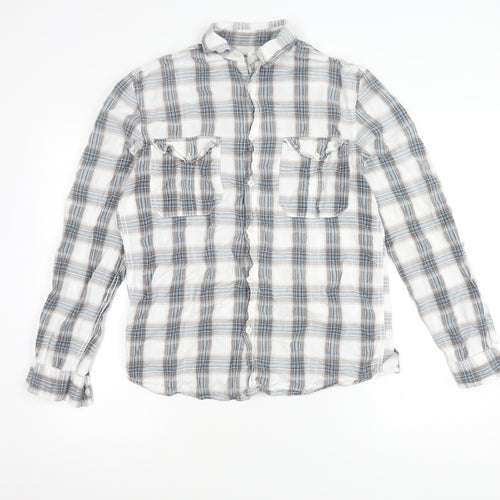 M&Co Womens Blue Check Cotton Button Up Shirt Size S Long Sleeve