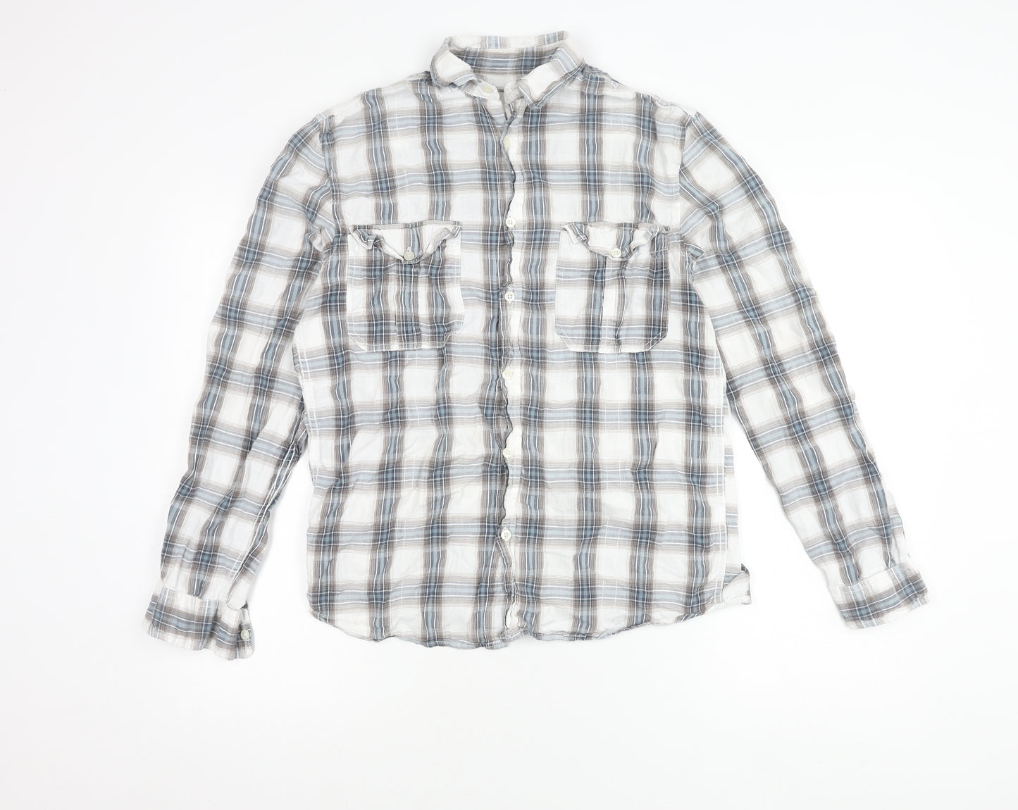 M&Co Womens Blue Check Cotton Button Up Shirt Size S Long Sleeve