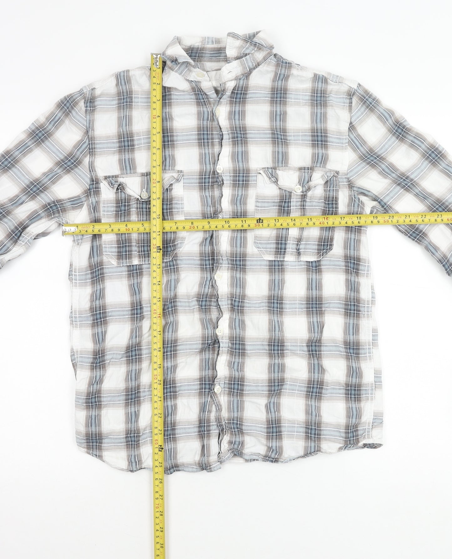 M&Co Womens Blue Check Cotton Button Up Shirt Size S Long Sleeve
