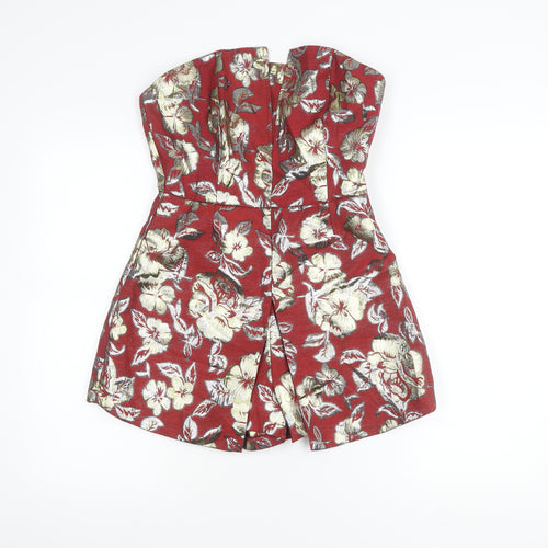 Boohoo Women’s Red Floral Metallic Strapless Playsuit Size 10