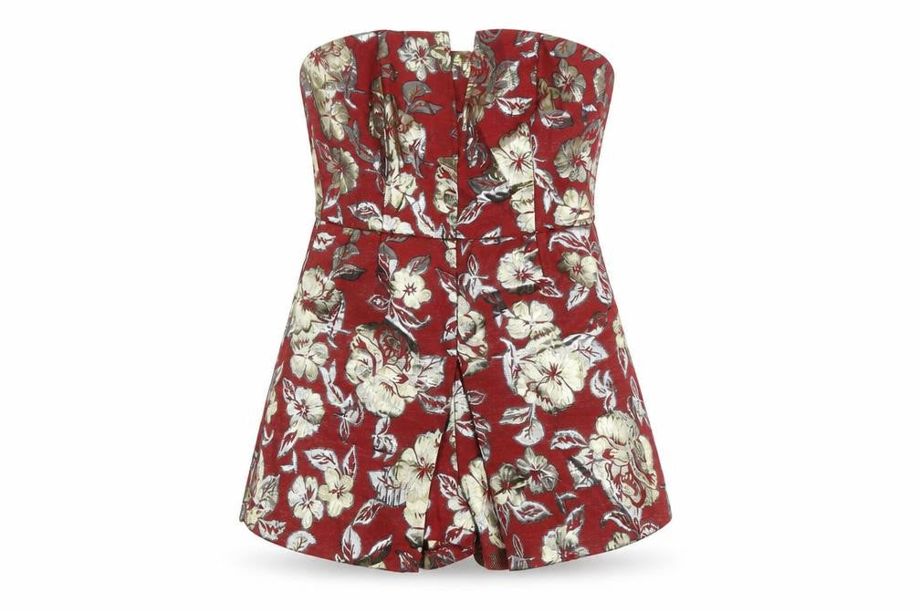 Boohoo Women’s Red Floral Metallic Strapless Playsuit Size 10