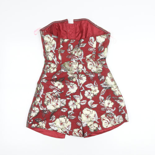 Boohoo Women’s Red Floral Metallic Strapless Playsuit Size 10