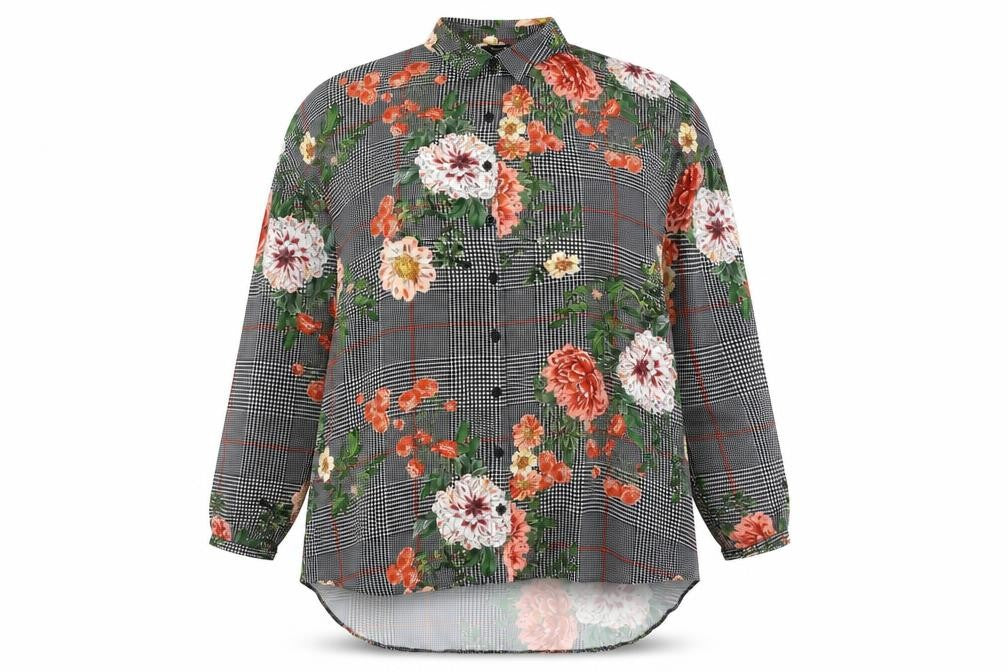 Front view of Simply Be women’s multicoloured floral check tunic button-up shirt, size UK 18