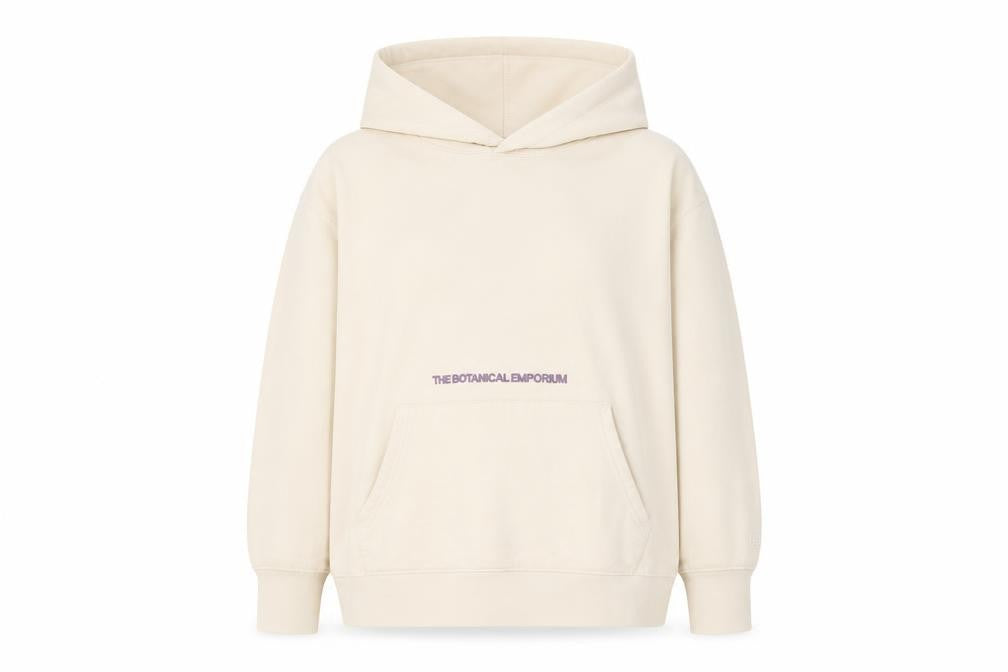 Front view of Stampd unisex beige pullover hoodie, size 12, graphic botanical print