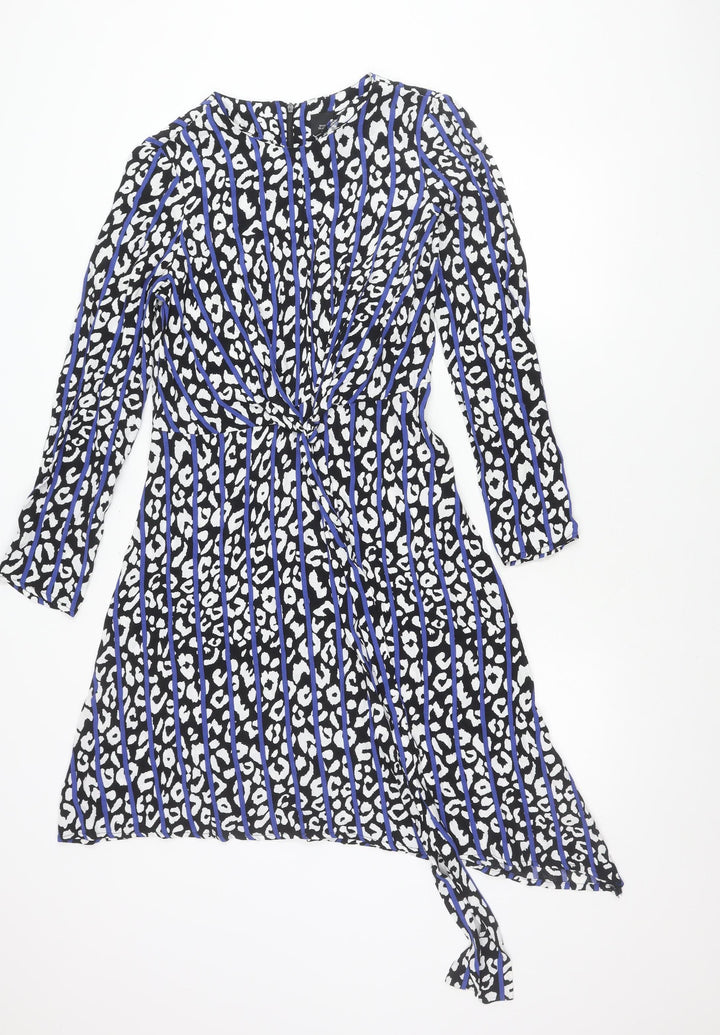 River Island Womens Black Blue Animal Print Asymmetric Wrap Dress Size 8
