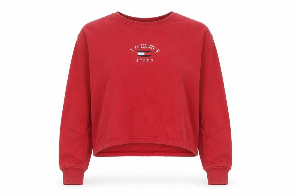 Front view of Tommy Jeans Women Red Cotton Sweatshirt L Embroidered Logo Pullover