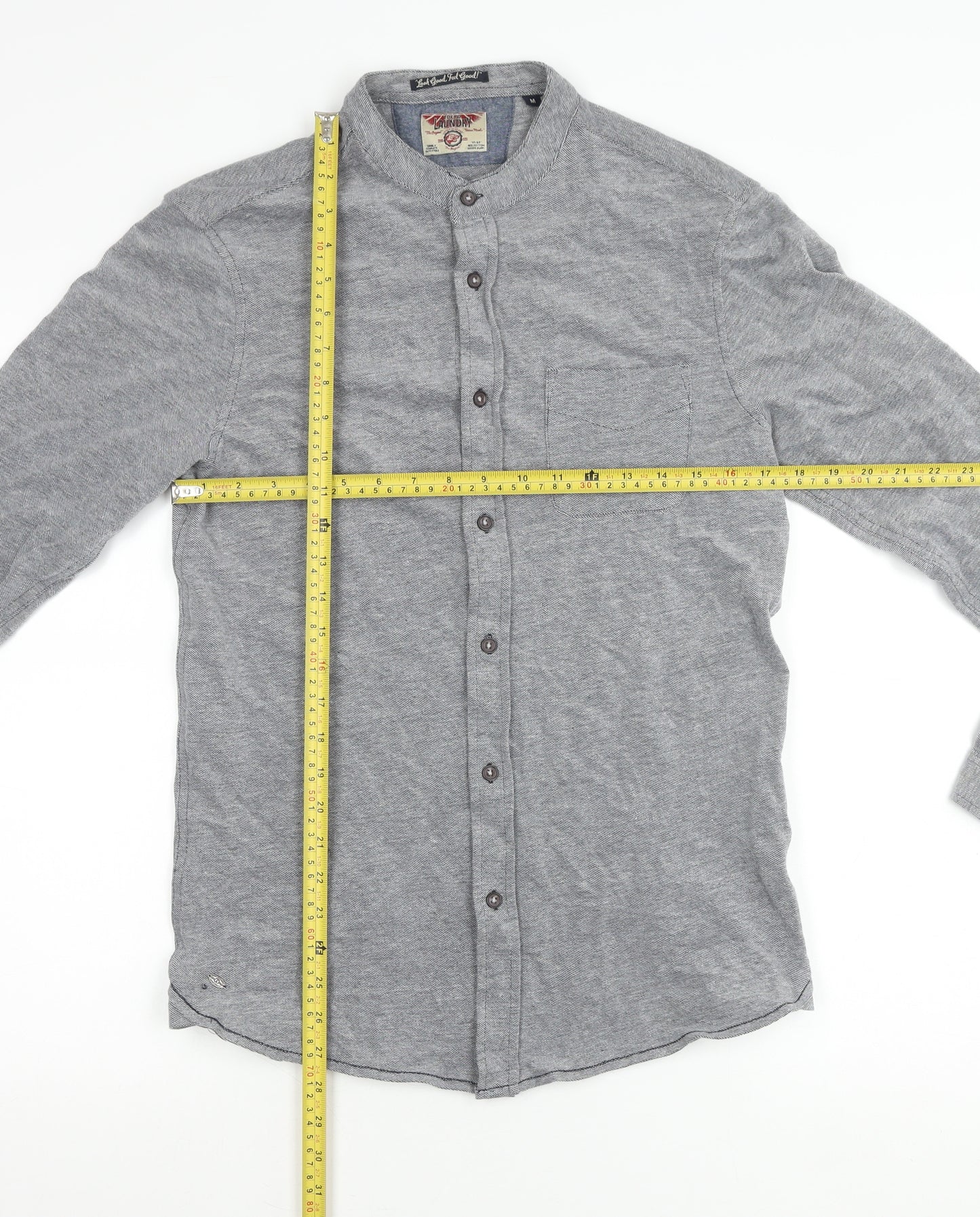 Tokyo Laundry Men’s Grey Cotton Band Collar Long Sleeve Shirt M