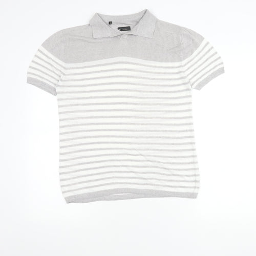 Adolfo Dominguez Men’s Grey Striped Polo Shirt Size M Cotton