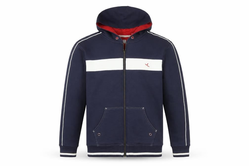 Front view of Decathlon Men’s Blue Hooded Full Zip Jacket, size M, Cotton Blend