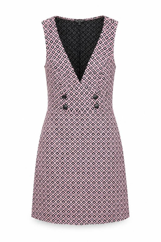 Front view of Miss Selfridge Women’s Pink Geometric Shift Dress, size UK 10, Sleeveless V-Neck