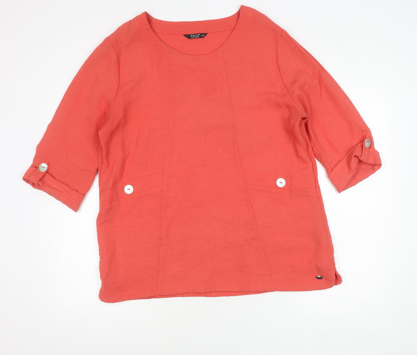 TIGI Womens Red Tunic Blouse Size 14 3/4 Sleeve Rayon Blend