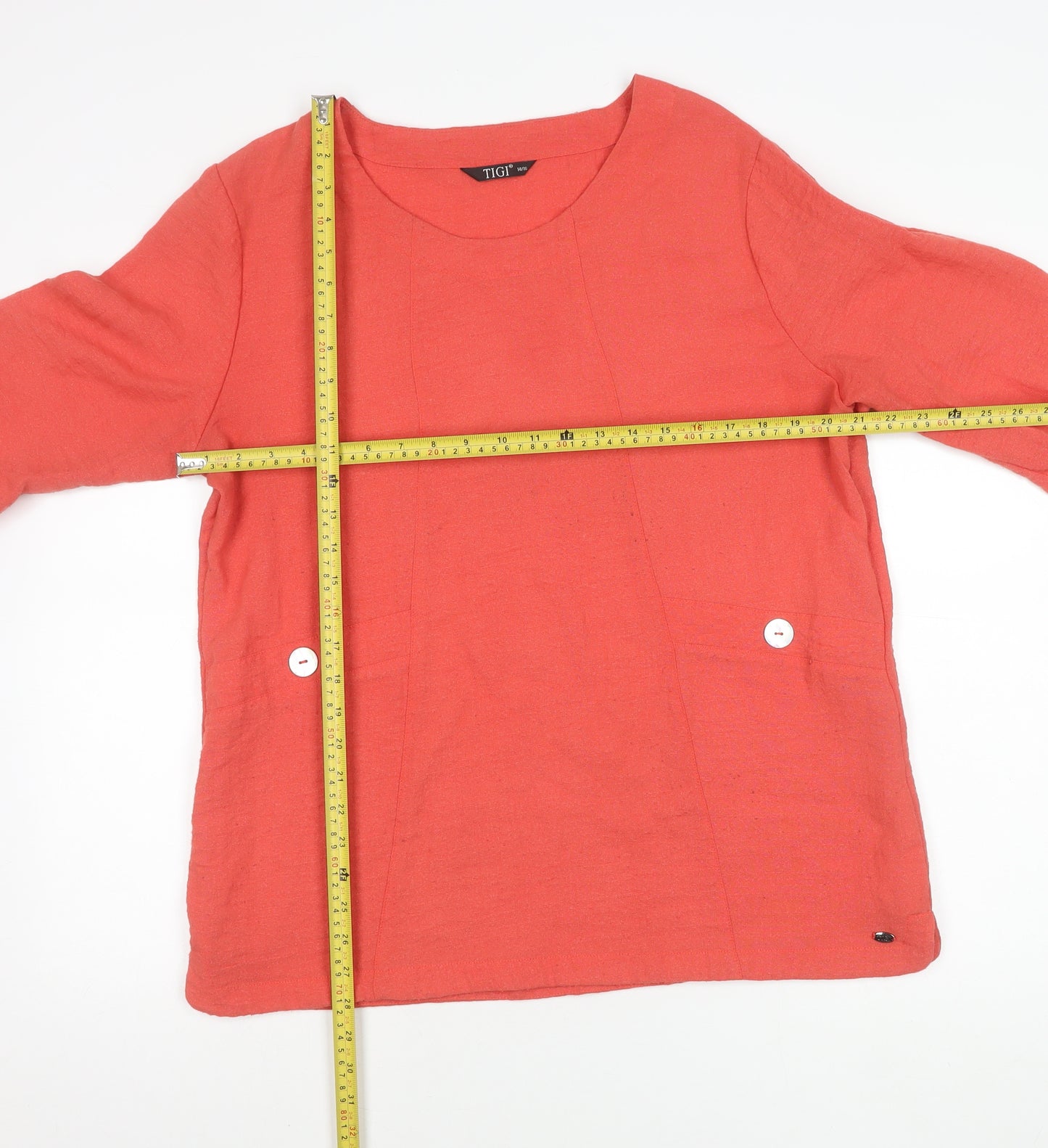 TIGI Womens Red Tunic Blouse Size 14 3/4 Sleeve Rayon Blend