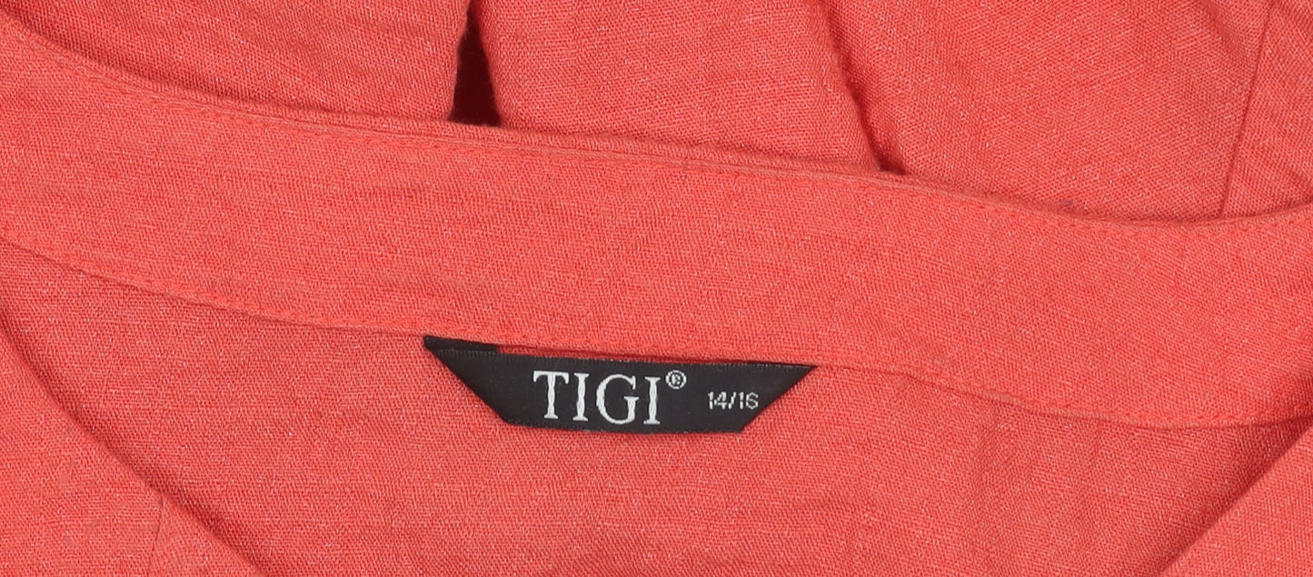 TIGI Womens Red Tunic Blouse Size 14 3/4 Sleeve Rayon Blend