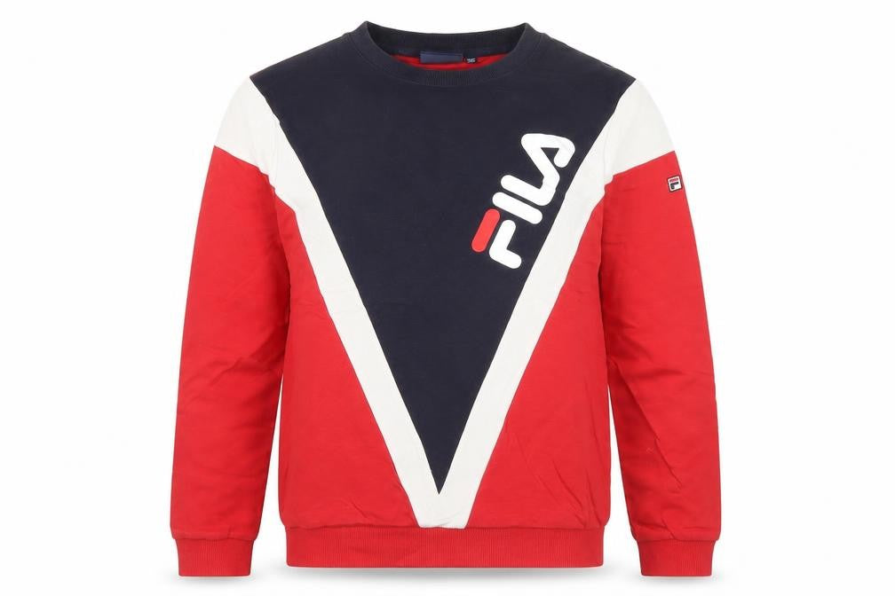 Front view of Fila Teens Red Blue White XS Logo Pullover Sweatshirt