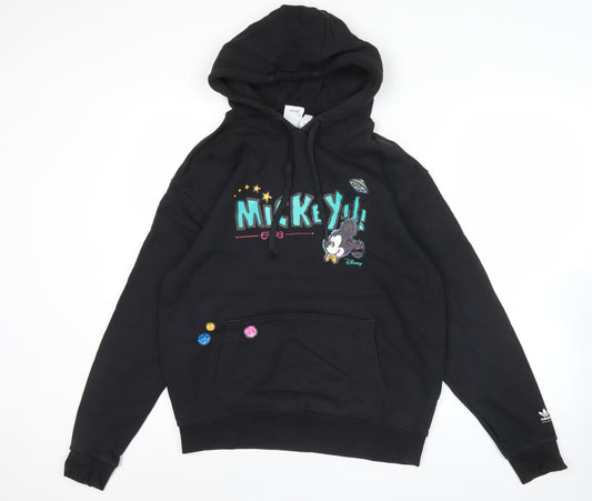 Front view of Adidas Disney men’s black hoodie m mickey mouse graphic pullover