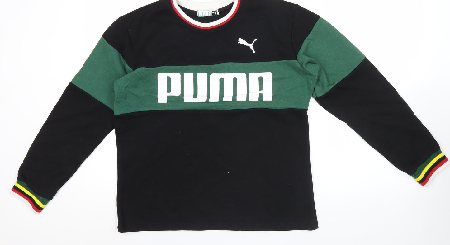 Puma Mens Black Green Logo Sweatshirt M Crew Neck Long Sleeve