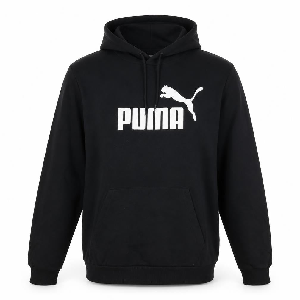 Front view of Puma men’s black pullover hoodie l regular fit sports logo