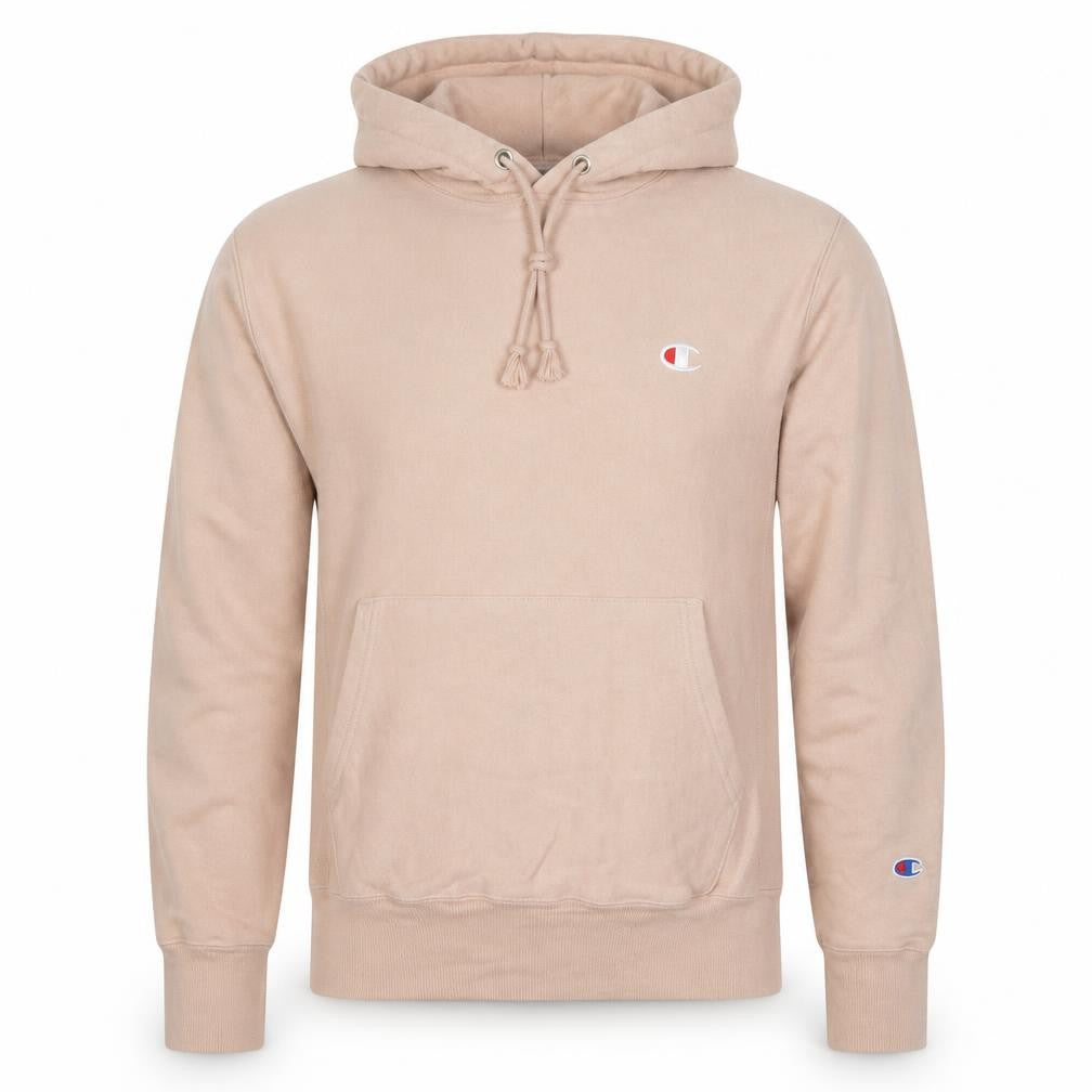 Front view of Champion Men’s Beige Pullover Hoodie Small Logo Regular Fit