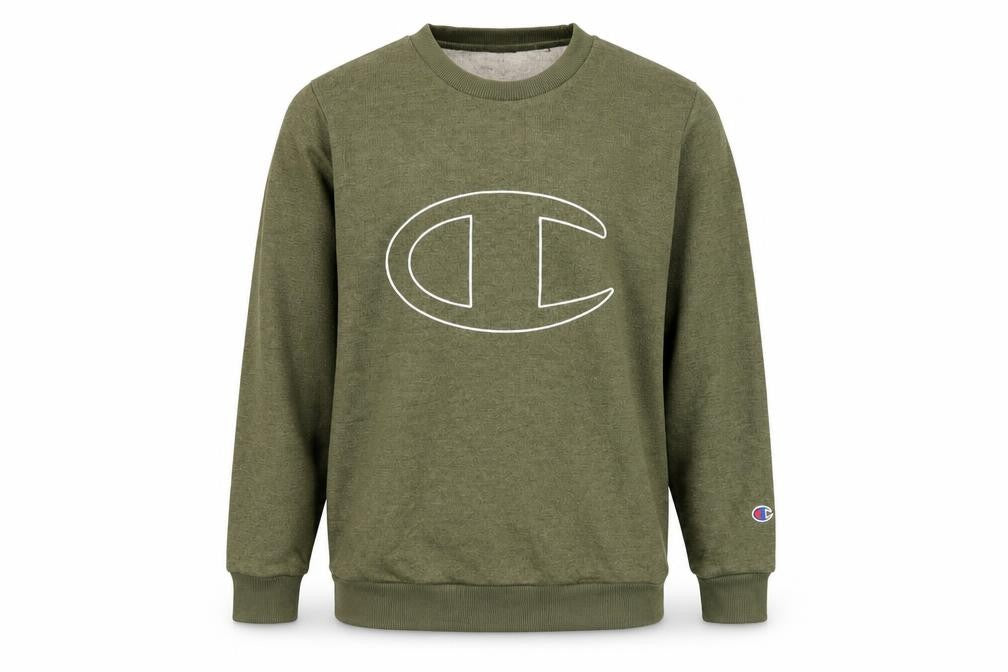 Front view of Champion Men Green Medium Pullover Sweatshirt Crew Neck Logo