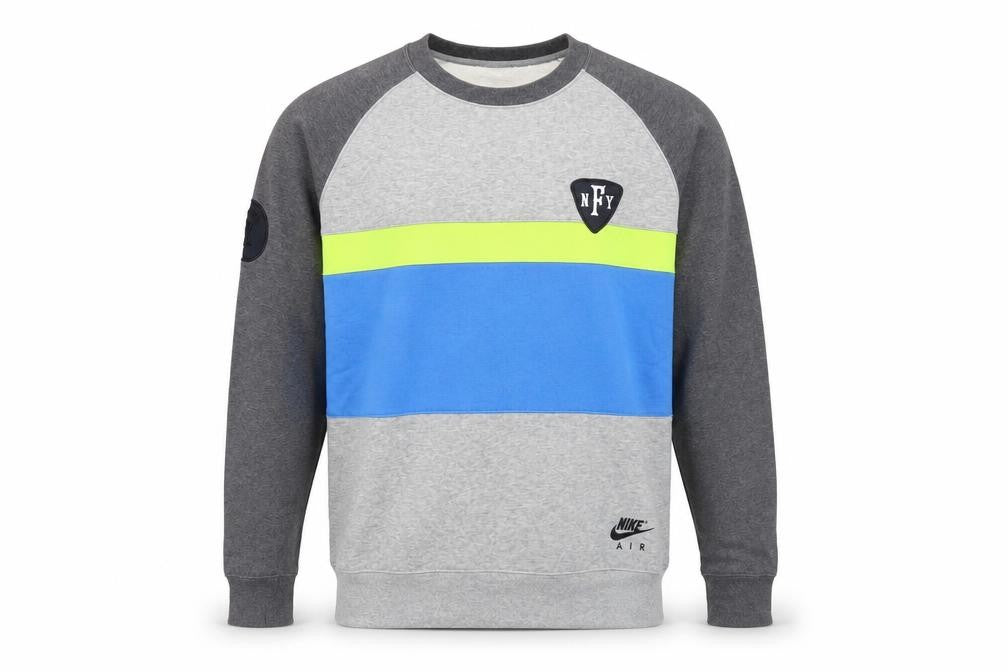 Front view of Nike men’s grey blue green sweatshirt l crew neck pullover