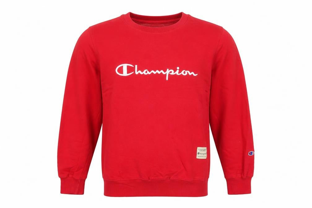 Front view of Champion men’s red medium crew neck pullover sweatshirt logo print