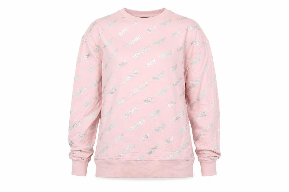 Front view of BOY-LONQWE Men’s Pink Logo Pullover Sweatshirt, size M, Cotton Crewneck