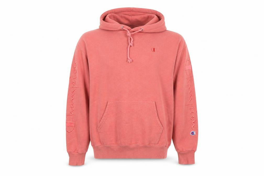 Front view of Champion men’s pink medium pullover hoodie embroidered logo sportswear