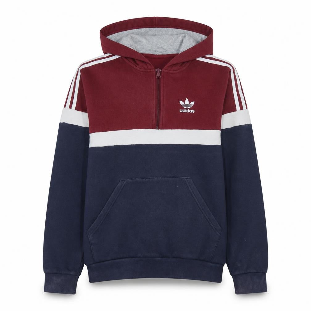 Front view of Adidas boys’ red blue colourblock pullover hoodie 15-16 years 1/2 zip