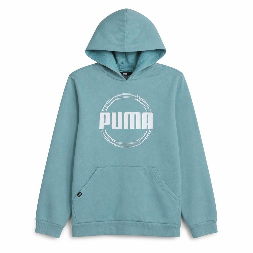 Front view of Puma boys’ green hoodie 13-14 years pullover regular fit logo sweatshirt