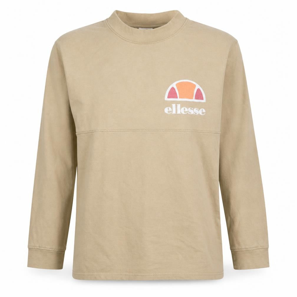 Front view of Ellesse women’s beige logo pullover sweatshirt, size UK 12, long sleeve