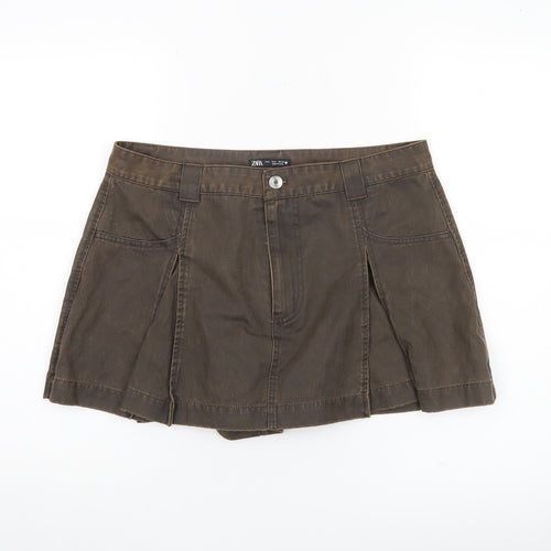 Zara Women Brown Cargo Skort L Short Casual Cotton Pockets