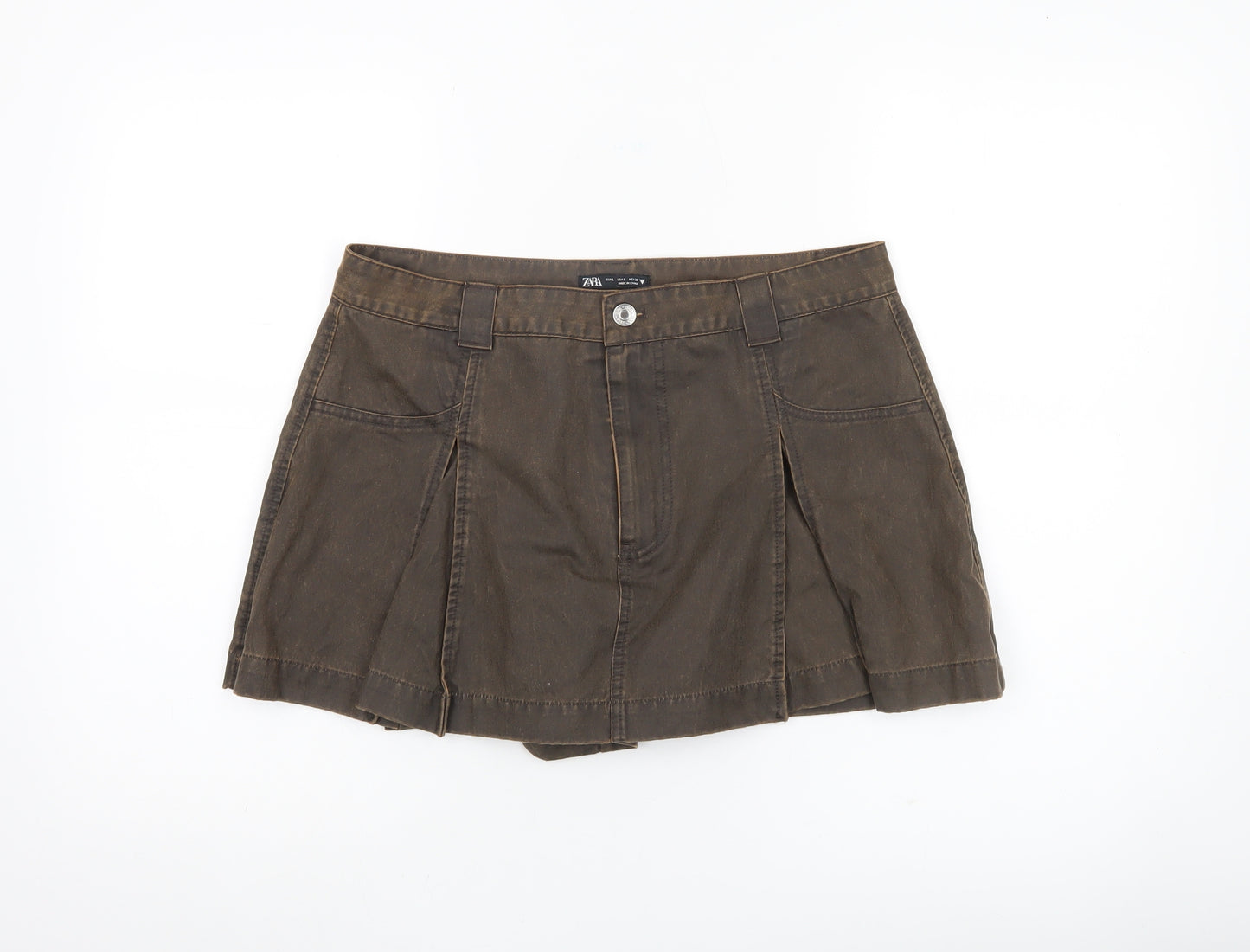Zara Women Brown Cargo Skort L Short Casual Cotton Pockets