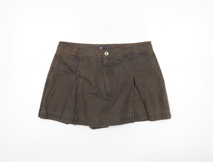Zara Women Brown Cargo Skort L Short Casual Cotton Pockets