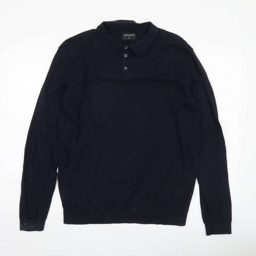 Jeff & Co Mens Black Cotton Collared Pullover Jumper L Long Sleeve