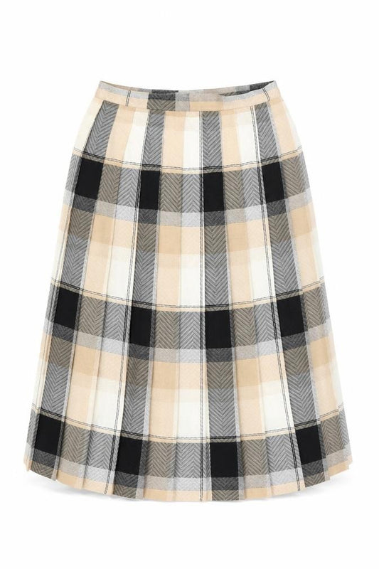 Front view of Marks & Spencer Women Beige Plaid Pleated Midi Skirt, size 12