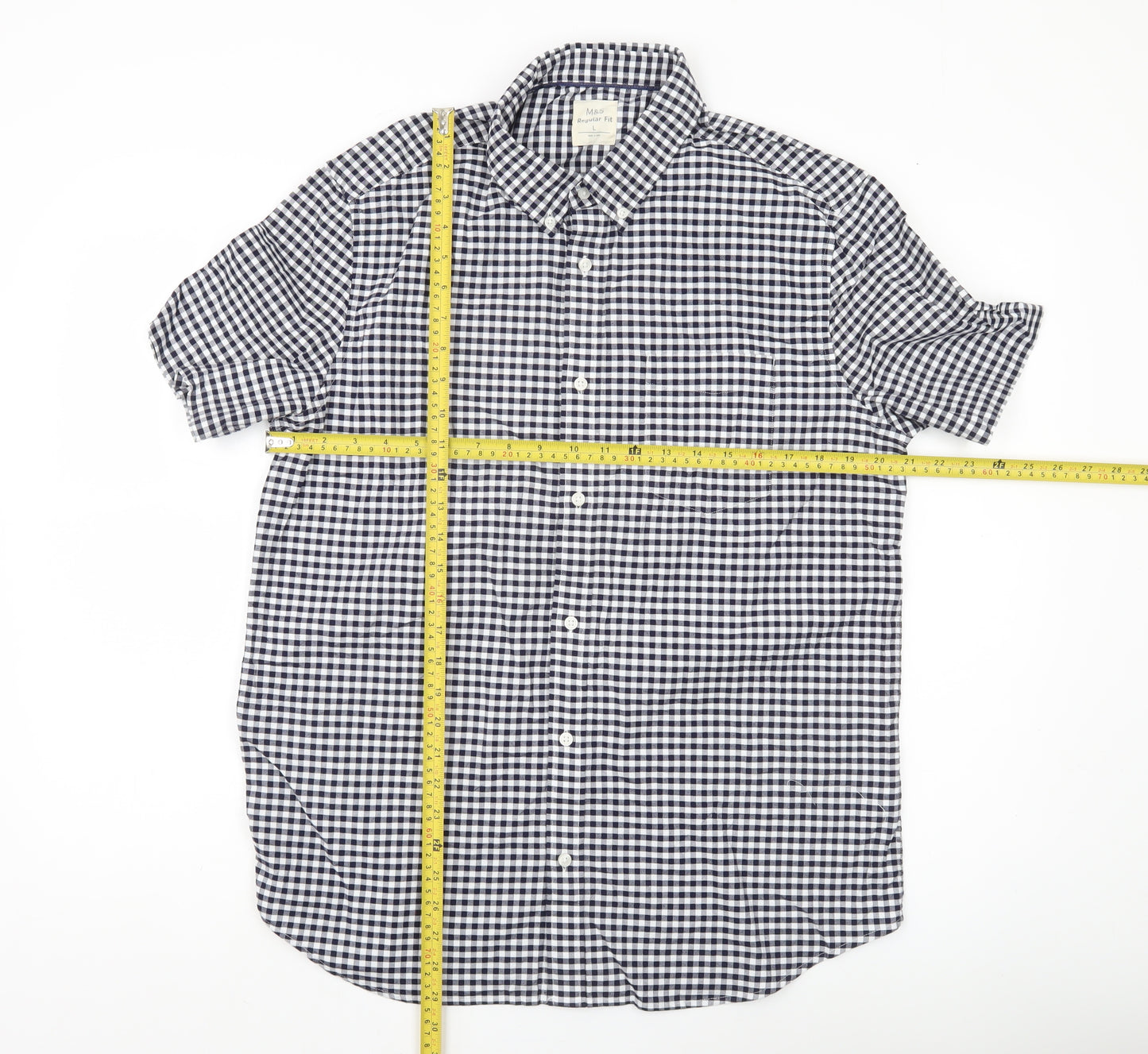Marks and Spencer Men Blue Check L Regular Fit Short Sleeve Shirt