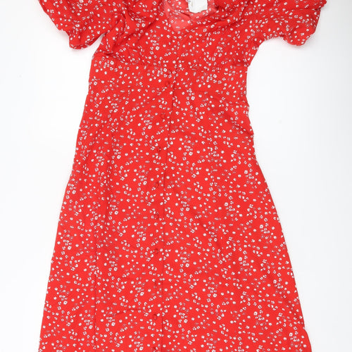 Quiz Women’s Red Floral A-Line Dress Size 8 Short Puff Sleeve