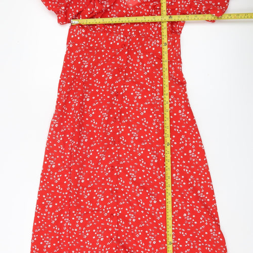 Quiz Women’s Red Floral A-Line Dress Size 8 Short Puff Sleeve