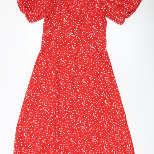 Quiz Women’s Red Floral A-Line Dress Size 8 Short Puff Sleeve