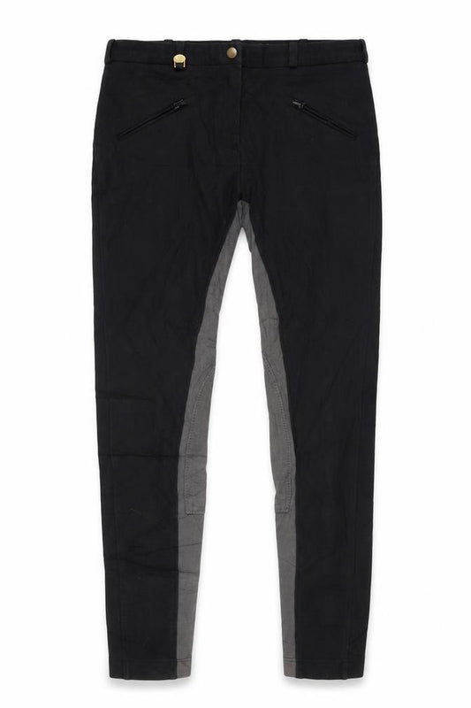 Front view of girls’ black grey riding jodhpurs trousers, size 32r, child slim fit
