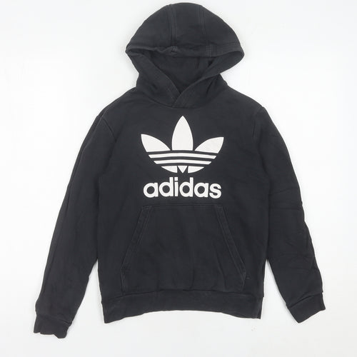 Adidas Boys Black Pullover Hoodie 9-10 Years Cotton Blend Logo Sweatshirt