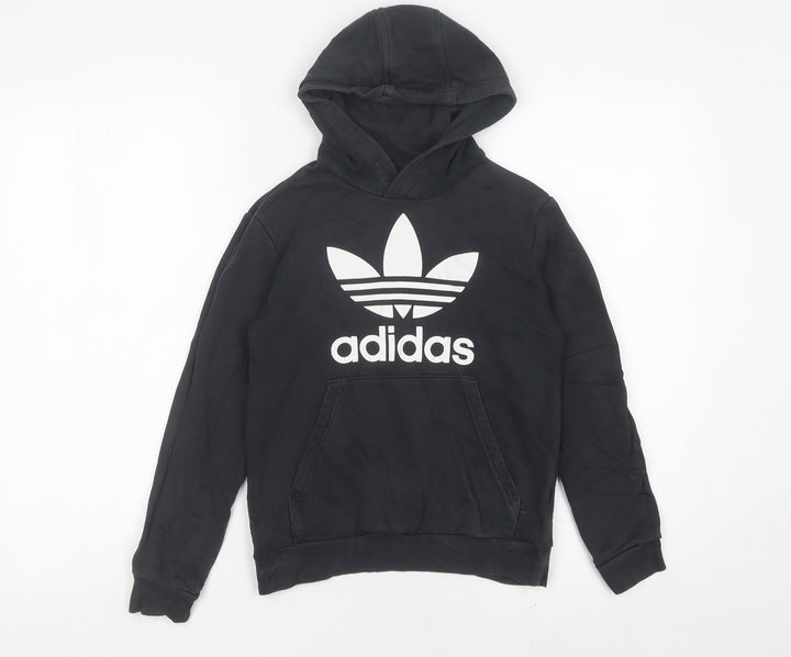 Adidas Boys Black Pullover Hoodie 9-10 Years Cotton Blend Logo Sweatshirt