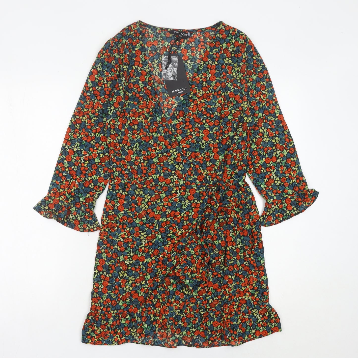 Brave Soul Womens Multicoloured Floral Wrap Dress XS Short 3/4 Sleeve Ruffle