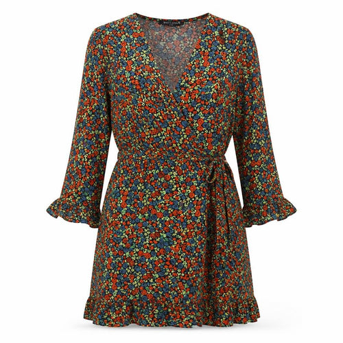 Brave Soul Womens Multicoloured Floral Wrap Dress XS Short 3/4 Sleeve Ruffle