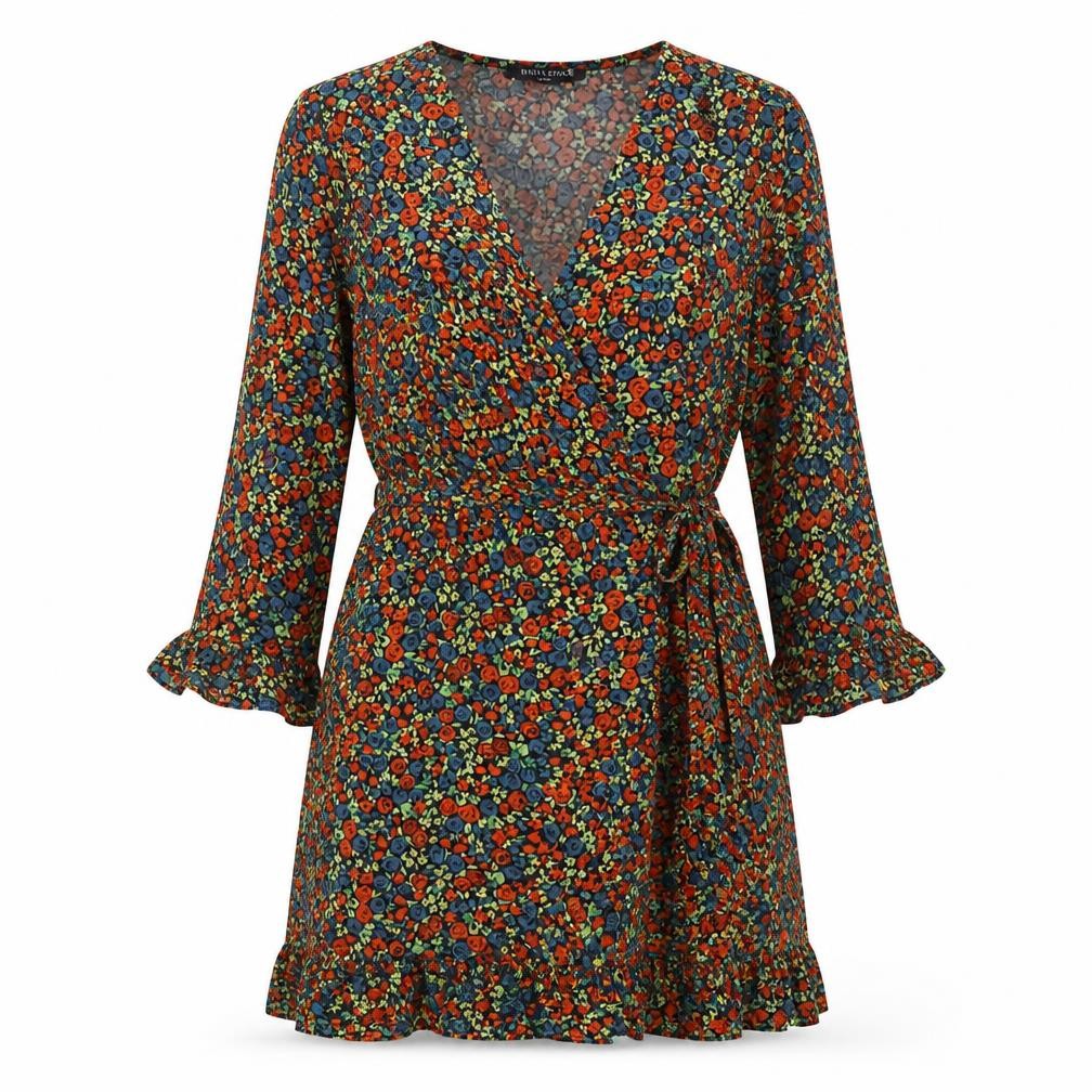Brave Soul Womens Multicoloured Floral Wrap Dress XS Short 3/4 Sleeve Ruffle