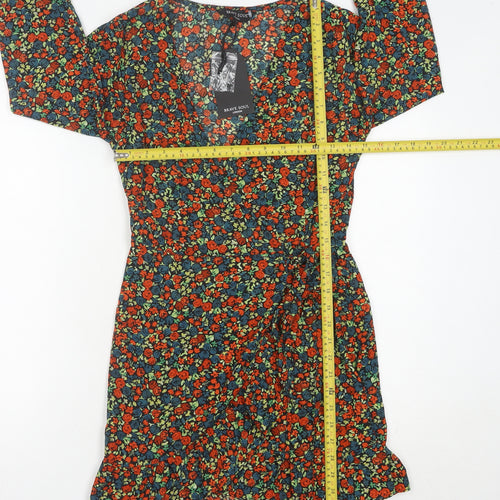 Brave Soul Womens Multicoloured Floral Wrap Dress XS Short 3/4 Sleeve Ruffle