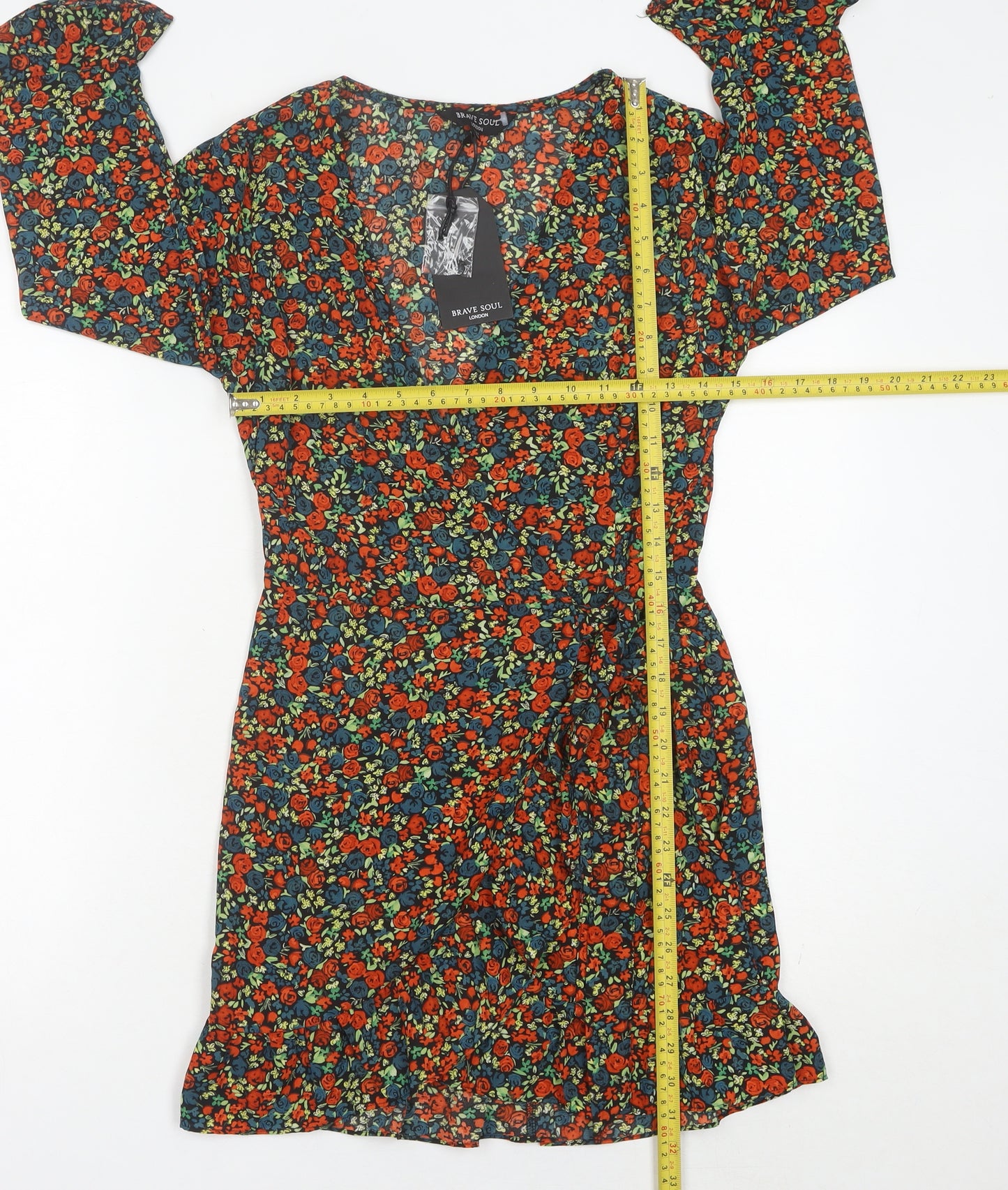 Brave Soul Womens Multicoloured Floral Wrap Dress XS Short 3/4 Sleeve Ruffle