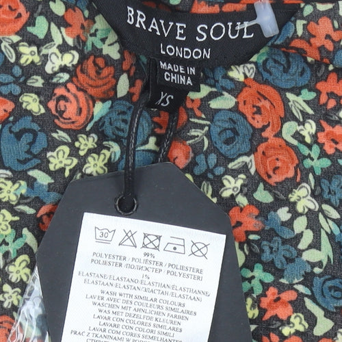 Brave Soul Womens Multicoloured Floral Wrap Dress XS Short 3/4 Sleeve Ruffle