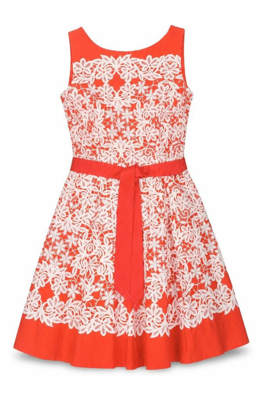 Front view of Debenhams Women’s Red Floral Lace Fit & Flare Dress, size UK 12
